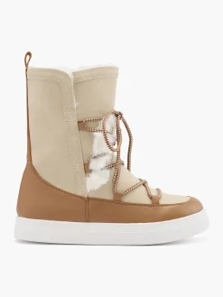 Beige and Brown Fur Trimmed High Leg Boot with Contrasting Lace