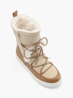 Beige and Brown Fur Trimmed High Leg Boot with Contrasting Lace