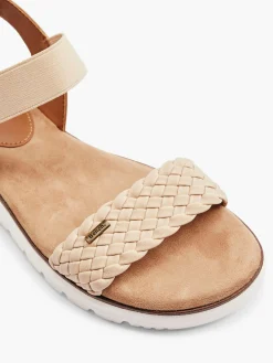 Beige and Tan Bench Sandal with Woven Strap