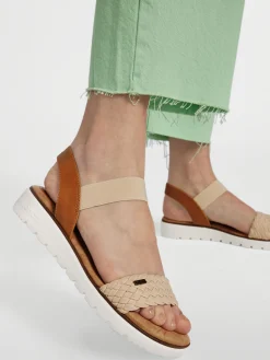 Beige and Tan Bench Sandal with Woven Strap