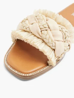 Beige Braided Flat Sandal with Fringing and Diamante Details