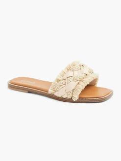 Beige Braided Flat Sandal with Fringing and Diamante Details
