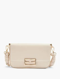 Beige Handbag with Metallic Trim and Braided Strap