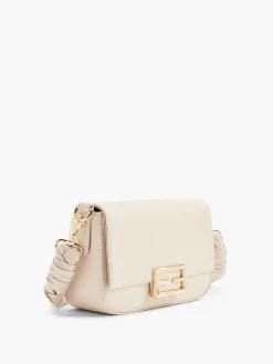 Beige Handbag with Metallic Trim and Braided Strap