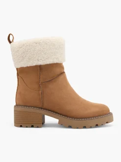 Beige Heeled Fleece Collared Ankle Boot