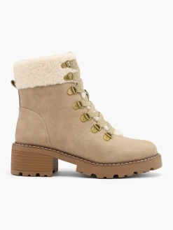 Beige Lace Up Fleece Collared Hiker Boot
