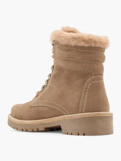 Beige Leather Faux Fur Lined Lace Up Ankle Boot