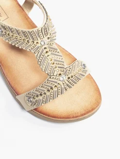 Beige Sandal with Jewel Details and Elasticated Strap
