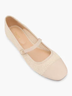 Beige Woven Buckle Strapped Ballerina