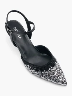 Black and Silver Diamante Kitten Heel