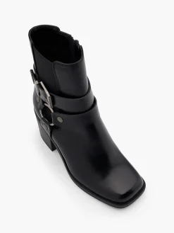 Black Block Heeled Biker Boot with Metallic Details