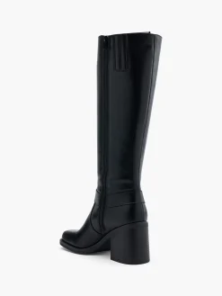 Black Block Heeled Long Leg Boot with Metallic Details