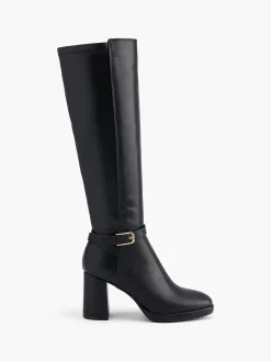 Black Block Heeled Long Leg Boot with Buckle Detail