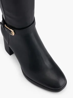 Black Block Heeled Long Leg Boot with Buckle Detail