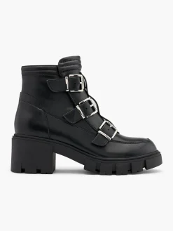 Black Block Heeled Triple Buckle Biker Boot
