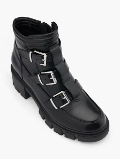 Black Block Heeled Triple Buckle Biker Boot