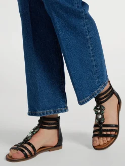 Black Braided Sandal with Ankle Strap and Gem Detail