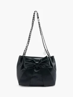 Black Bucket Bag with Chain Strap and Bow Detail