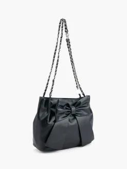 Black Bucket Bag with Chain Strap and Bow Detail