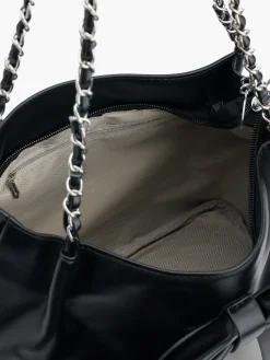 Black Bucket Bag with Chain Strap and Bow Detail