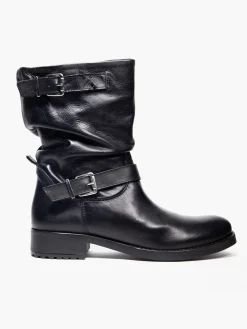 Black Buckle Detail Leather Boots