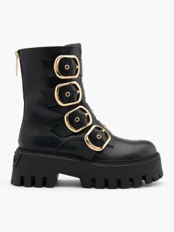 Black Chunky Biker Boot with Buckle Details