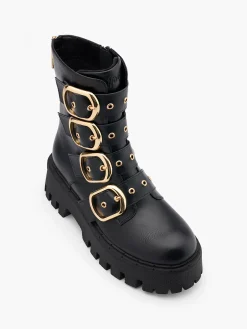 Black Chunky Biker Boot with Buckle Details
