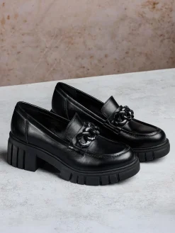 Black Chunky Heeled Loafer with Chain Detail