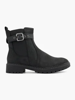 Black Classic Chelsea Boot with Buckle Strap Detail
