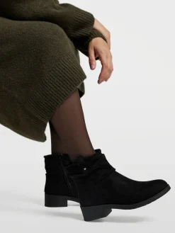 Black Classic Ruched Detail Ankle Boot with Zipper