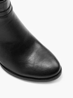 Black Croc Panel Ankle Boot with Buckle Detailing