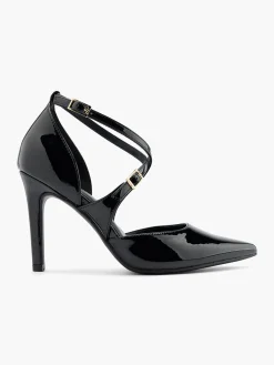 Black Cross Strapped Patent High Heel with Double Buckle Detail