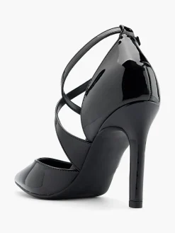 Black Cross Strapped Patent High Heel with Double Buckle Detail