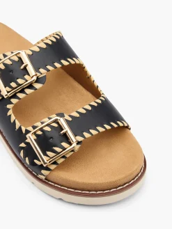 Black Double Buckle Sandal with Whipstitch Detail