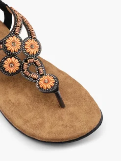 Black Elasticated Back Flat Sandal with Floral Beaded Detail