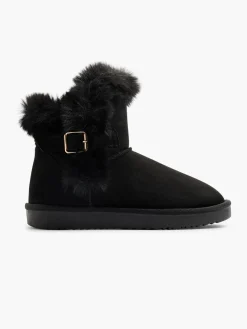 Black Faux Fur Ankle Boot with Buckle Detail
