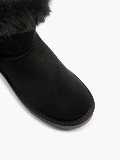 Black Faux Fur Ankle Boot with Buckle Detail
