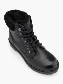 Black Faux Fur Collared Leather Lace Up Ankle Boot