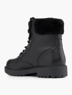 Black Faux Fur Collared Leather Lace Up Ankle Boot