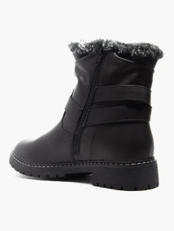 Black Faux Fur Lined Ankle Boot with Buckle Detail
