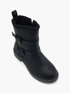 Black Faux Fur Lined Double Buckle Ankle Boot