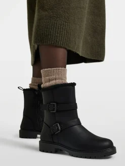 Black Faux Fur Lined Double Buckle Ankle Boot