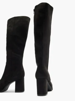 Black Faux Suede Platform Heeled Long Leg Boot