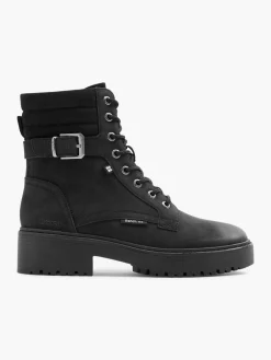 Black Lace Up Biker Boot with Buckle Detailing