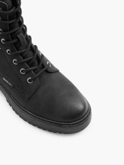 Black Lace Up Biker Boot with Buckle Detailing