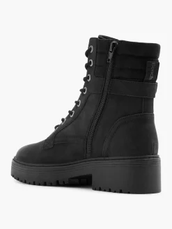 Black Lace Up Biker Boot with Buckle Detailing