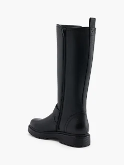 Black Leather Chunky Soled Long Leg Boot with Buckle Detailed