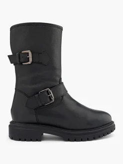 Black Leather Chunky Sole Boot with Buckle Details
