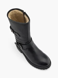 Black Leather Chunky Sole Boot with Buckle Details