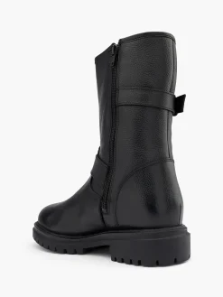 Black Leather Chunky Sole Boot with Buckle Details
